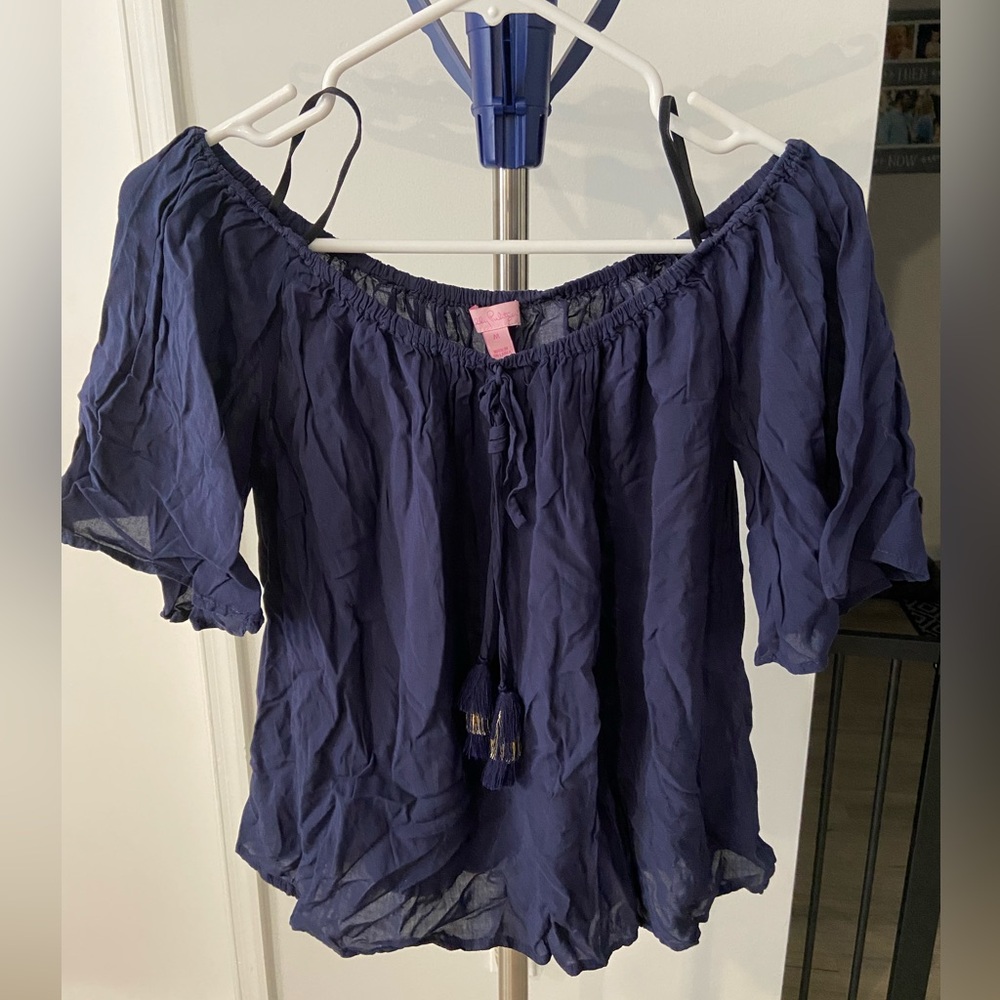 Lilly Pulitzer Navy Off the Shoulder Rayon Blouse Size M